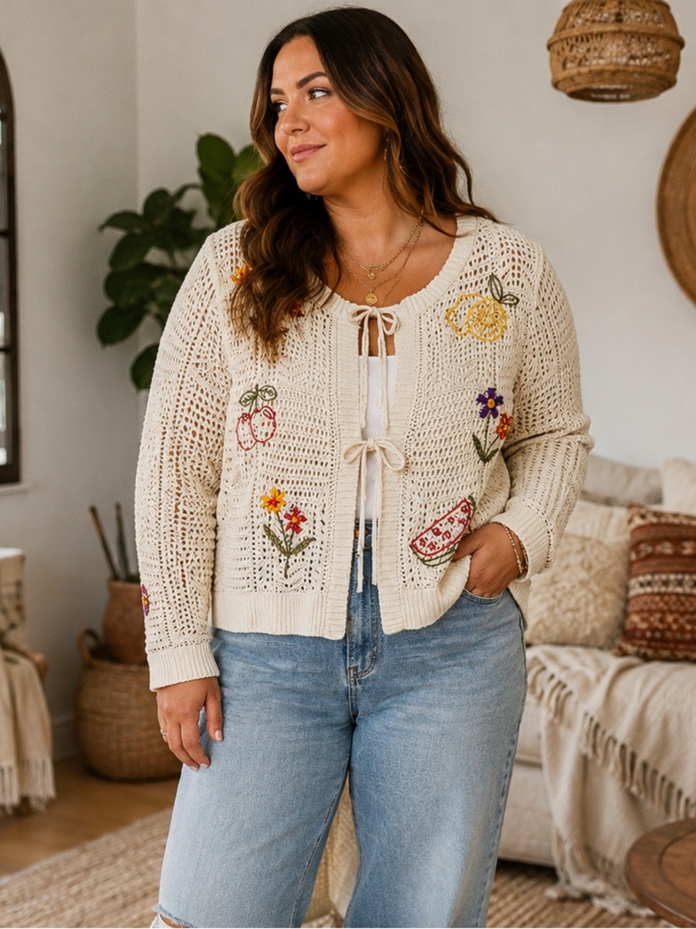 Torrid Embroidered Crochet Cardigan Cream Floral Fruit NWT Size 2 18/20